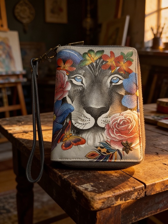 Anuschka Handbags - Anuschka Hand-Painted Lion Floral Wristlet in Blue, Pink, Orange, Green, Cream